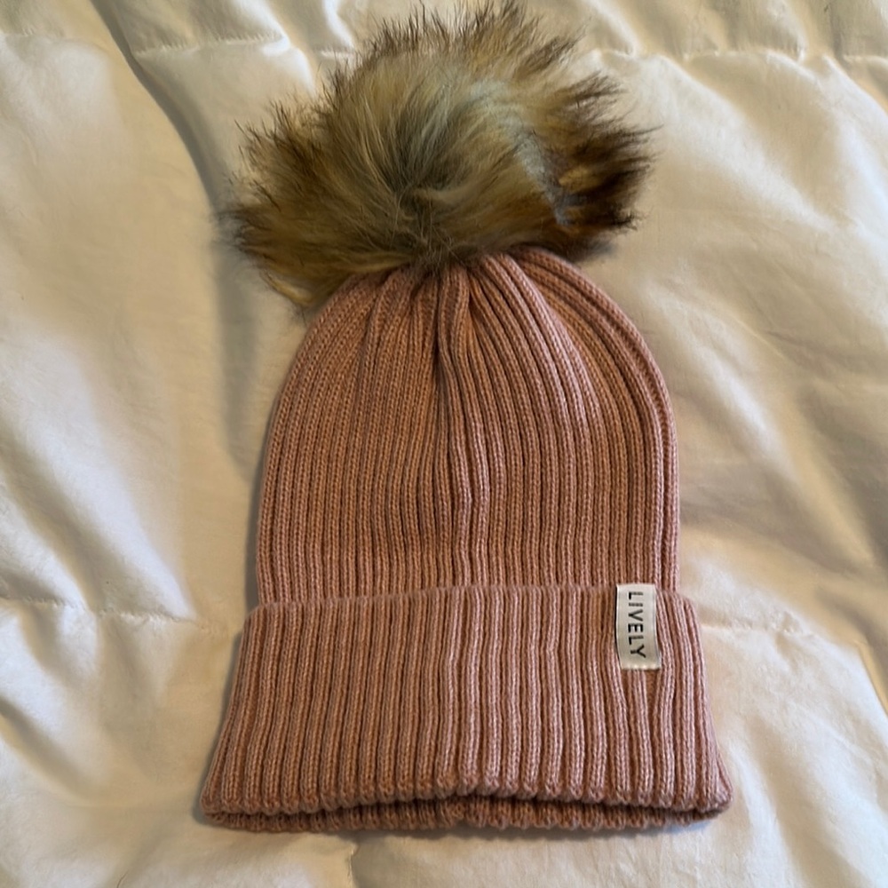 Lively Pink Knit Beanie with Faux Fur Pom